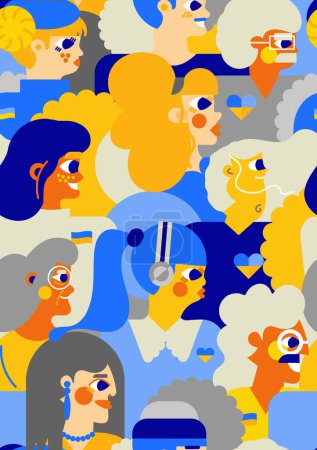 Illustration for Seamless pattern of Ukrainian people. Modern design, yellow-blue colors, symbolism, unity and spirit of the Ukrainian people. Illustration of people of different ages. - Royalty Free Image