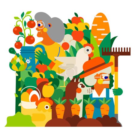 Ilustración de Jardín, granja y agricultura. Ilustraciones de agricultores, pollos, cosechas abundantes y naturaleza. Ideal para carteles, anuncios, volantes y más - Imagen libre de derechos