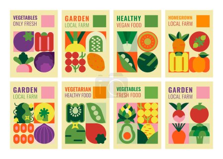 Illustration for Collection of posters with vegetables. Illustrations of fresh organic products. Ideal for advertising, promoting healthy eating, cooking events or inspiring an environmentally conscious lifestyle. - Royalty Free Image