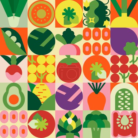Illustration for Seamless pattern of vegetables. Geometric and minimalist style. Great for backgrounds, cards, posters, banners, textile prints, covers, web design. - Royalty Free Image