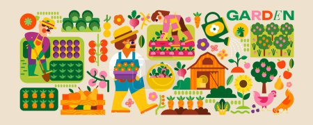 Illustration for Garden, farm and agriculture. Bright collection of farmers, gardeners, beds, barn, nature and harvest. Complete your project with these great elements. - Royalty Free Image