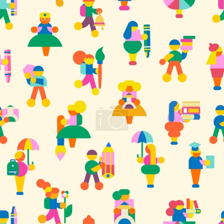 Illustration for Children seamless pattern. Modern minimalistic design of crowd of people with school supplies or drawing supplies. Perfect for back to school themes, wrapping, advertising, invitations and more - Royalty Free Image