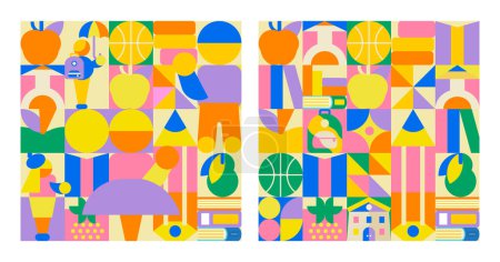 Ilustración de 2 patrones escolares en estilo mosaico. Diseño brillante e infantil con niños y útiles escolares. Perfecto para su proyecto! - Imagen libre de derechos