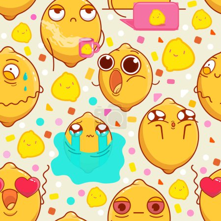 Seamless pattern with emotional lemons. Comic elements in cartoon style. Citrus characters with funny faces in kawaii style. Flat design. All elements are isolated. Perfect for printing