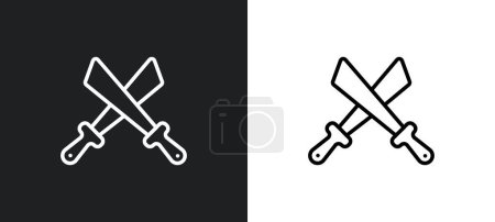 Téléchargez les illustrations : Deux icônes de contour katanas en blanc et noir. deux katanas icône vectorielle plat de la collection d'armes pour le web, applications mobiles et ui. - en licence libre de droit