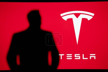 Foto de NUEVA YORK, EE.UU., 2. OCTUBRE 2022: Tesla Company. Silueta del magnate empresarial e inversor Elon Musk, presidente de Musk Foundation; y propietario y CEO de Tesla, Inc.. - Imagen libre de derechos