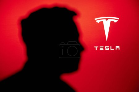 Téléchargez les photos : New York, États-Unis, 2. OCTOBRE 2022 : Portrait du magnat des affaires et investisseur Elon Musk, Tesla Logo de l'entreprise en arrière-plan - en image libre de droit