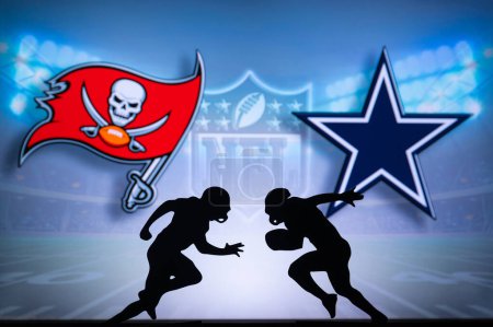 Téléchargez les photos : TAMPA BAY, USA, JANUARY 10, 2023: Dallas Cowboys vs. Tampa Bay Buccaneers. NFL Wild Card Round 2023, Silhouette of two NFL American Football Players against each other. Big screen in background - en image libre de droit