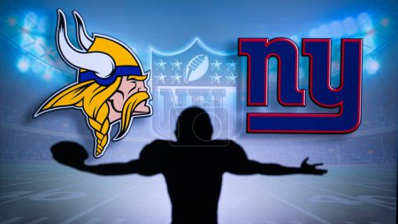 Photo for MINNESOTA, USA, JANUARY 10, 2023: New York Giants vs. Minnesota Vikings. NFL Wild Card Round 2023, Silhouette of NFL player of american football. holding ball in hand. Big screen in background - Royalty Free Image