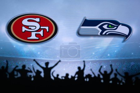 Téléchargez les photos : SAN FRANCISCO, USA, JANUARY 10, 2023: Seattle Seahawks vs. San Francisco 49ers. NFL Wild Card Round 2023, Silhouette of fans supporting the team and cheering for the players during the game. - en image libre de droit