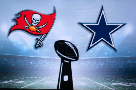 Photo for TAMPA BAY, USA, JANUARY 10, 2023: Dallas Cowboys vs. Tampa Bay Buccaneers. NFL Wild Card Round 2023, Silhouette of Vince Lombardi Trophy for the winner of National Football League. - Royalty Free Image