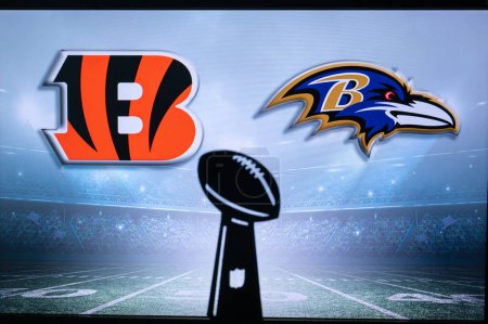 Photo for CINCINNATI, USA, JANUARY 10, 2023: Baltimore Ravens vs. Cincinnati Bengals. NFL Wild Card Round 2023, Silhouette of Vince Lombardi Trophy for the winner of National Football League. - Royalty Free Image