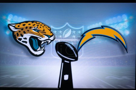 Photo for JACKSONVILLE, USA, JANUARY 10, 2023: Los Angeles Chargers vs. Jacksonville Jaguars. NFL Wild Card Round 2023, Silhouette of Vince Lombardi Trophy for the winner of National Football League. - Royalty Free Image