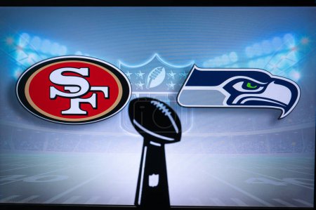Photo for SAN FRANCISCO, USA, JANUARY 10, 2023: Seattle Seahawks vs. San Francisco 49ers. NFL Wild Card Round 2023, Silhouette of Vince Lombardi Trophy for the winner of National Football League. Big screen - Royalty Free Image