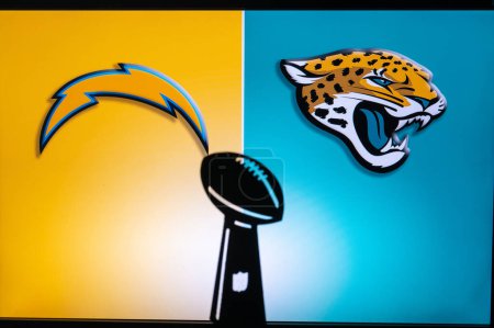 Photo for JACKSONVILLE, USA, JANUARY 10, 2023: Los Angeles Chargers vs. Jacksonville Jaguars. NFL Wild Card Round 2023, Silhouette of Vince Lombardi Trophy for the winner of National Football League. - Royalty Free Image