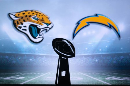 Photo for JACKSONVILLE, USA, JANUARY 10, 2023: Los Angeles Chargers vs. Jacksonville Jaguars. NFL Wild Card Round 2023, Silhouette of Vince Lombardi Trophy for the winner of National Football League. Big - Royalty Free Image