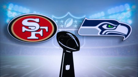 Photo for SAN FRANCISCO, USA, JANUARY 10, 2023: Seattle Seahawks vs. San Francisco 49ers. NFL Wild Card Round 2023, Silhouette of Vince Lombardi Trophy for the winner of National Football League. Big screen - Royalty Free Image