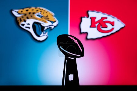 Photo for KANSAS, USA, JANUARY 18, 2023: Jacksonville Jaguars vs. Kansas City Chiefs. NFL Divisional Round 2023, Silhouette of Vince Lombardi Trophy for the winner of National Football League. - Royalty Free Image