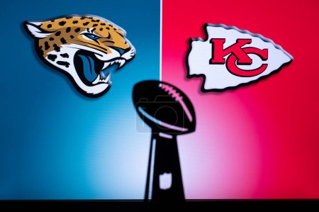 Photo for KANSAS, USA, JANUARY 18, 2023: Jacksonville Jaguars vs. Kansas City Chiefs. NFL Divisional Round 2023, Silhouette of Vince Lombardi Trophy for the winner of National Football League. - Royalty Free Image