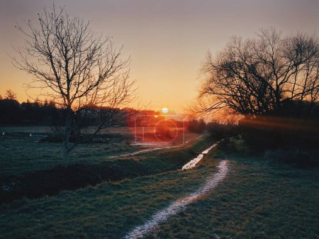 Téléchargez les photos : Golden sunrise illuminates tranquil rural landscape, casting a warm glow on misty fields and tree-lined roads - en image libre de droit