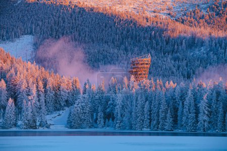 Téléchargez les photos : Standing tall amidst the winter wonderland, the lookout tower at Strbske Pleso offers breathtaking views of the High Tatras mountains - en image libre de droit