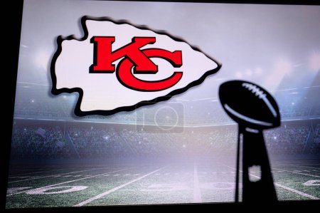 Photo for PHOENIX, USA, 30 JANUARY 3, 2023: Kansas City Chiefs and Vince Lombardi Trophy for the winner of National Football League. Super Bowl LVII, Finals of NFL 2023 - Royalty Free Image