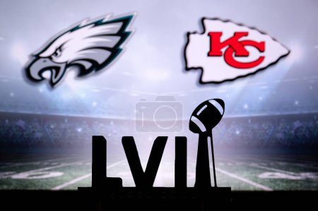 Photo for PHOENIX, USA, 30 JANUARY 3, 2023: Philadelphia Eagles vs. Kansas City Chiefs. Super Bowl LVII, 2023 final NFL Game. Black Silhouette of Vince Lombardi Trophy for the winner of National Football League - Royalty Free Image