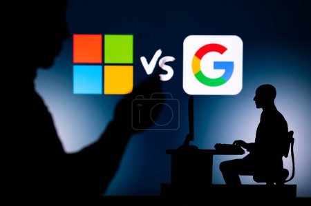 Photo for LOS ANGELES, USA, JANUARY 30, 2023: Microsoft vs Google. Artificial Intelligence war. The Intersection of Personal and Professional: Silhouette of Man and Web Developer - Royalty Free Image