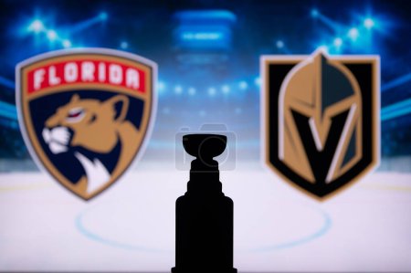 Photo for FLORIDA, USA, MAY 31, 2023: NHL Stanley Cup Finals. Florida Panthers vs. Vegas Golden Knights, Silhouette of Stanley Cup trophy. Wallpaper for NHL Finals 2023 - Royalty Free Image