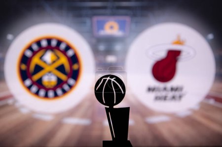 Photo for DENVER, USA, MAY 31, 2023: NBA Finals Denver Nuggets vs Miami Heat. Silhouette of Larry O'Brien Championship Trophy for NBA Winner - Royalty Free Image