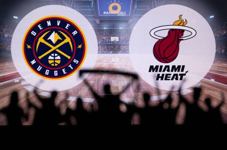 Photo for MIAMI, USA, MAY 31, 2023: The Battle for NBA Supremacy: Denver Nuggets vs Miami Heat in the Epic NBA Finals, Illuminated by the Silhouette of the Coveted Larry O'Brien Championship Trophy - Royalty Free Image