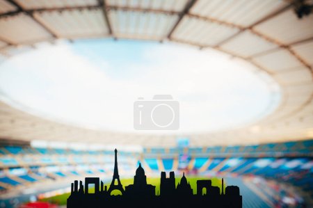 Photo for Paris Unveiled: Silhouette of the City's Iconic Landmarks, Back dropped by a Modern Sports Stadium. A Snapshot for the 2024 Summer Games in Paris - Royalty Free Image