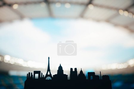 Téléchargez les photos : Épicentre de la culture et de l'athlétisme : Silhouette de Paris Embrasser ses monuments, avec une arène sportive moderne en arrière-plan. Un visuel saisissant pour l'été 2024 à Paris - en image libre de droit