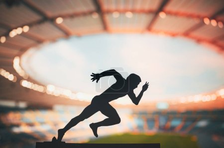 Photo for Sprinting through Dusk: Silhouette of a Male Athlete, a Long-Distance Runner, Resiliently Pursuing Excellence at a Modern Sports Stadium - Royalty Free Image