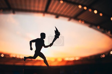 Silhouette eines männlichen Athleten an der Spitze der Staffel, mit einem modernen Leichtathletikstadion als markanter Kulisse. Ein fesselndes Foto für das Sommerspiel 2024 in Paris.
