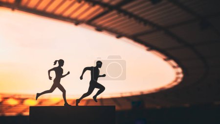 Photo for Shared Passion: Silhouettes of Male and Female Runners Create a Mesmerizing Display of Teamwork at a Modern Sports Stadium. Black and White photo, edit space for your montage - Royalty Free Image