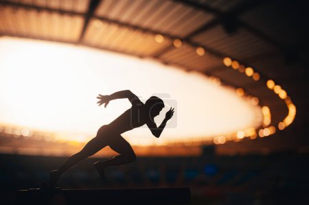 Téléchargez les photos : Chasing Glory : Silhouette d'un athlète, Primé pour la vitesse, Debout au milieu du crépuscule lumineux dans un stade de sport moderne. Lumière chaude du coucher du soleil. Modifier l'espace pour votre montage, jeux 2024 à Paris - en image libre de droit
