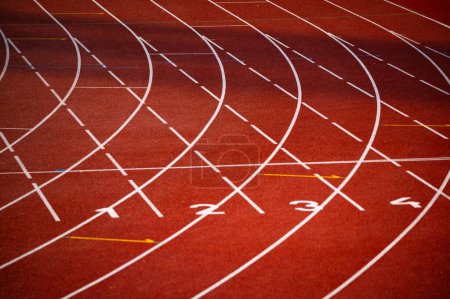 Photo for Track and Field Wallpaper. The Rhythmic Dance of White Lines and Numbers on a Vibrant Red Track - Track and Field Illustration Photo for Worlds in Budapest and Games in Paris - Royalty Free Image