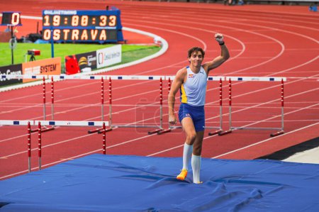 Photo for OSTRAVA, CZECHIA, JUNE 27, 2023: Heightened Achievement: Armand Mondo Duplantis' Victory in Pole Vault Competition at Track and Field Contest for Worlds in Budapest and Summer olympic Games in Paris - Royalty Free Image