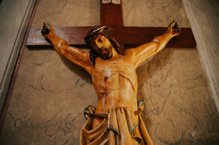 Jesus Christ's agony on the cross, serving as a poignant reminder of the Christian belief in salvation through His ultimate sacrifice