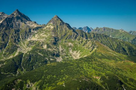 Foto de Una escena idílica de los Altos Tatras emergiendo del corazón de los Belianske Tatras, enmarcada por un prado vibrante y un dosel azul impecable sobre - Imagen libre de derechos