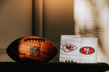 Photo for LAS VEGAS, NEVADA, USA, JANUARY 29, 2024: Super Bowl LVIII, the 58th Super Bowl, Kansas City Chiefs vs. The San Francisco 49ers at Allegiant Stadium. NFL finals, Vince Lombardi Trophy Silhouette - Royalty Free Image