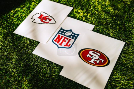 Photo for LAS VEGAS, NEVADA, USA, JANUARY 29, 2024: Super Bowl LVIII, the 58th Super Bowl, Kansas City Chiefs vs. The San Francisco 49ers at Allegiant Stadium. NFL finals, Vince Lombardi Trophy Silhouette - Royalty Free Image