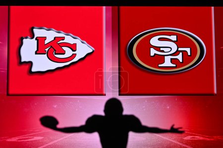 Photo for LAS VEGAS, NEVADA, USA, JANUARY 29, 2024: Super Bowl LVIII, the 58th Super Bowl, Kansas City Chiefs vs. The San Francisco 49ers at Allegiant Stadium. NFL finals, Player Silhouette, logos in background - Royalty Free Image