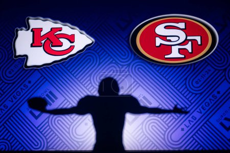 Photo for LAS VEGAS, NEVADA, USA, JANUARY 29, 2024: American Football Player Silhouette Super Bowl LVIII, the 58th Super Bowl, Kansas City Chiefs vs. The San Francisco 49ers at Allegiant Stadium. NFL finals, - Royalty Free Image