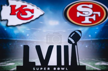 Photo for LAS VEGAS, NEVADA, USA, JANUARY 29, 2024: LVIII Title for Super Bowl LVIII, Kansas City Chiefs vs. The San Francisco 49ers at Allegiant Stadium. NFL finals, 58-th - Royalty Free Image