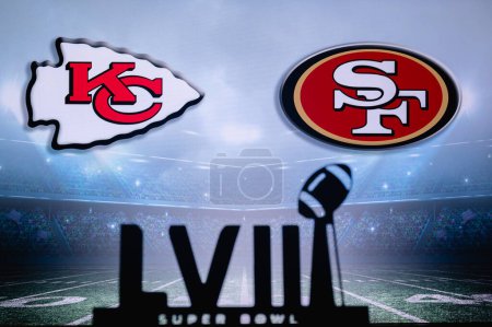 Photo for LAS VEGAS, NEVADA, USA, JANUARY 29, 2024: LVIII Title for Super Bowl LVIII, Kansas City Chiefs vs. The San Francisco 49ers at Allegiant Stadium. NFL finals, 58-th - Royalty Free Image