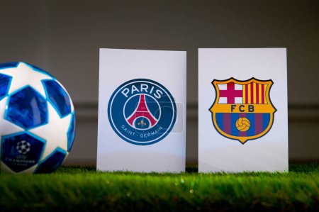 Photo for PARIS, FRANCE, MARCH. 16. 2024: Paris Saint-Germain (FRA) vs FC Barcelona (ESP. Quarter Finals of football UEFA Champions League 2024 in Europe. Logo of teams and official soccer ball on green grass - Royalty Free Image