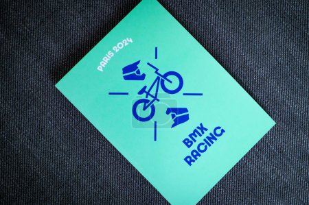 Photo for PARIS, FRANCE, MARCH 26, 2024: BMX racing pictogram for paris 2024 summer olympics. Official icon of sport at olympics game in Paris 24 - Royalty Free Image