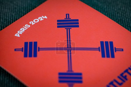 Photo for PARIS, FRANCE, MARCH 26, 2024: Weightlifting pictogram for paris 2024 summer olympics. Official icon of sport at olympics game in Paris 24 - Royalty Free Image
